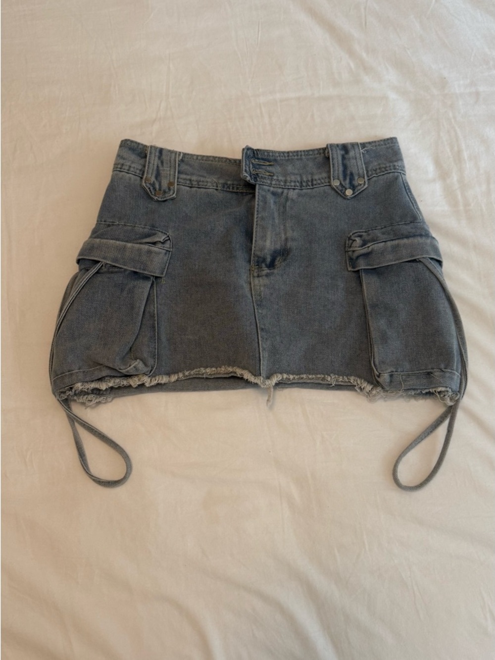 Micas Women's Washed Denim Mini Cargo Shorts in Faded Blue